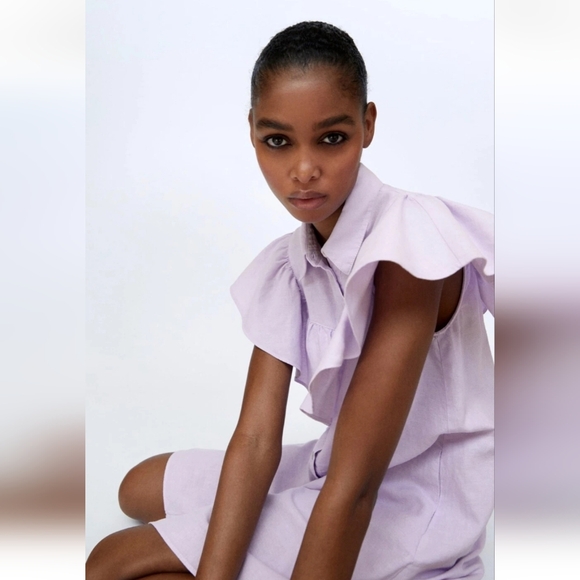 Zara Lilac Ruffle Linen Blend Shirtdress, Sz M, Western, Boho, Resort - Picture 3 of 11